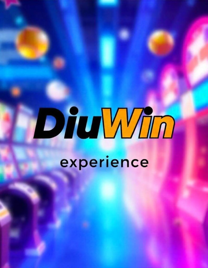 Diuwin App Experience, with casino slot machines behind blurred in a colorful neon lights